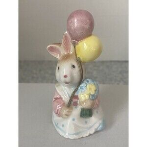 1987 Lefton Easter Bunny Rabbit Balloons Basket Flowers Figurine Geo. L. Lefton